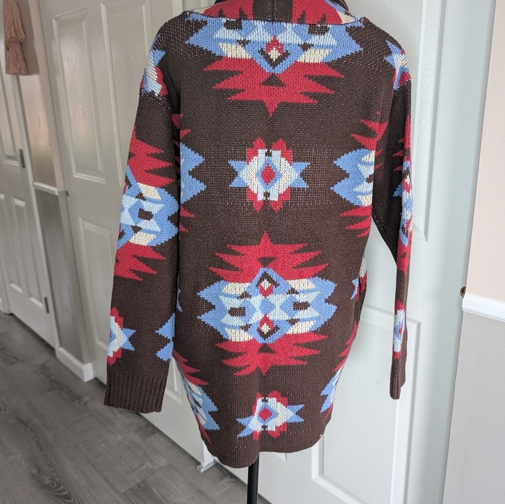 NWT Lucky Brand Aztec Pattern Open Front Cardigan - Brown, Red & Light Blue - Picture 4 of 6